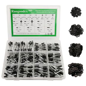 940Pcs Black Rivets with Washer,14 Sizes Pop Rivets Assortment Kit,Blind Aluminum Rivets Kits,3/32" 1/8" 5/32" 3/16" Blind Rivets for Metal Dome Head Rivet kit