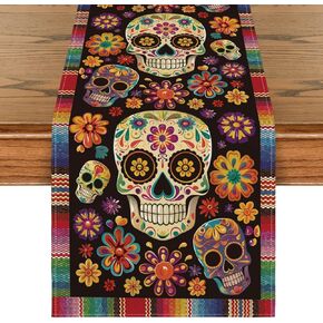 Artoid Mode Flowers Sugar Skull Mexican Day of The Dead Table Runner, Dia De Los Muertos Kitchen Dining Table Decoration for Home Party Decor 13x72 Inch