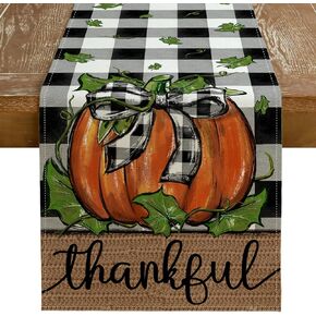 GEEORY Fall Table Runner 13x72 Inch, Buffalo Plaid Check Pumpkins Leaves Thankful Farmhouse Decor Table Decoration for Kitchen Dinning, Indoor Outdoor Dinner Party (Orange Pumpkins) GT114-72