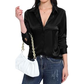 Womens Satin Silk Blouses Blouse Button Down up Shirts for Women Casual Loose Long Sleeve Business Work Tops