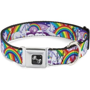 Buckle-Down Seatbelt Buckle Dog Collar - Unicorns in Rainbows w/Sparkles/Purple - 1" Wide - Fits 15-26" Neck - Large