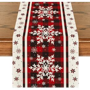 Artoid Mode Buffalo Plaid Snowflakes Christmas Table Runner, Seasonal Winter Kitchen Dining Table Decoration for Home Party Decor 13x72 Inch