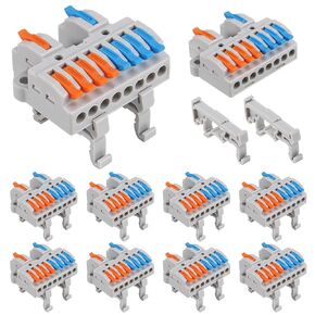 AITRIP 10PCS DIN Rail Terminal Blocks 28-12AWG Quick Wiring Cable Terminal Blocks for Circuit Inline Splices DIY Push-in Conductors Wire Connectors with Guide Rail Clamp (2 in 8 Out)