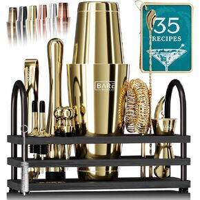 BARE BARREL® Mixology Bartender Kit Bar Set | 14-Piece Cocktail Shaker Set | Martini Barware Mixing Tools for Home Bartending | 35 Recipe Cards | Gift Set (28oz Boston Shaker, Jet Black/Black)
