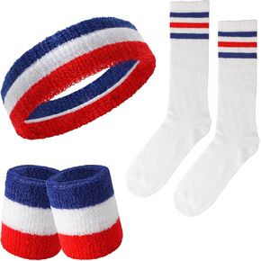 Fumwase 5 Pcs Sweatbands Striped Socks Set Headbans Wristbands Striped-Tube Socks 80s Sports Workout Sweat Bands Costume Accessory Pride Outfits for Women Men