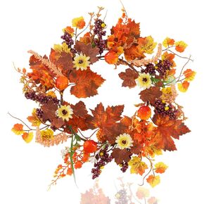 Fall Wreaths for Front Door Artificial Harvest Wreath 15Inch Small Autumn Maple Leaf Wreath with Pumpkin Berries for Thanksgiving Home Wall Windows Indoors Outdoor Decorations