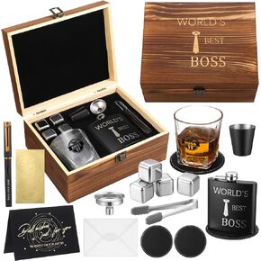 12 Pcs Boss Day Gifts for Men Him, Best Boss Birthday Retirement Gift, Anniversary Gifts for Men Boss Leader Bar Set Whiskey Flask Stainless Steel Stones Coaster Pen Card Gift Box for Boss Birthday in Kuwait