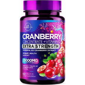 Cranberry Extract Pills + Vitamin C (25,000mg Formula) Urinary Tract Support, Sugar Free Cranberry Supplement for Women & Men, Cranberry for Urinary Health Support, Non-GMO, Gluten Free - 60 Capsules