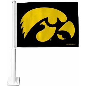Rico Industries NCAA Iowa Hawkeyes Black Double Sided Double Sided Car Flag - 16" x 19" - Strong Pole that Hooks Onto Car/Truck/Automobile