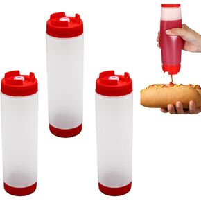 3 PCs 16oz Squeeze Bottles,Inverted Plastic Squeeze Bottles Condiment Squeeze Bottles for Sauces for Sauces Ketchup Sour Cream Self Sealing Syrup Dispenser for Restaurants(Red)