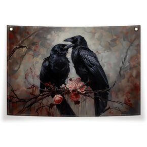 Dark Academia Canvas Flag,Halloween Crows Canvas Banner Wall Decor For Home Party,The Crow Canvas Flag,Floral Crows Floral Flag Decor 30X20 Inch