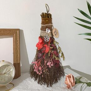 Witch Broom Halloween Decor 7.5" Cinnamon Broom Handmade Natural Flower Crystal Witches Broom for Altar Cinnamon Broomstick Scented Herbal Protection Mini Broom Witchy Gifts for Fall Samhain (Red)