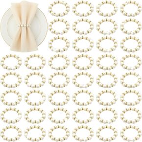 Uiifan 100 Pcs Pearl Napkin Rings Imitation Beaded Napkin Ring Holder Elastic Stretched Rhinestone Serviette Rings Buckle for Wedding Reception Table Decor Banquet Home Dinner Party Supplies, Gold