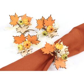 Thanksgiving Fall Themed Napkin Rings - Harvest Maple Wood & Pumpkin Cloth Napkin Holder for Table Setting - Fall Banquet, Thanksgivin, Christmas or Wedding Table Decor (6pc, Harvest Wood)