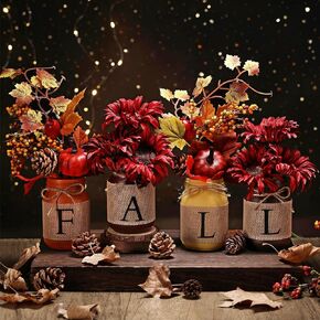 19 Pcs Centerpieces for Tables Mason Jar Table Decor Mason Jars Fabric Ribbons Flowers for Home Valentine's Day Thanksgiving Decor(Autumn)