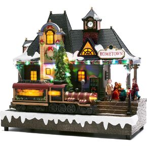 Valery Madelyn Christmas Village House Decorations, Battery Operated Train Station with Music, LED Lights and Moving Train, for Christmas Home Gift Decor, Vintage Christmas Hometown, 11.6 Inch