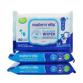 MATERN'ELLA Flushable Wipes, Adult Wet Wipes with Dandelion Extract and Aloe Vera, 120 Wipes (3 Packs of 40), 100% Plant Sourced Fibers Soft and Safe for Adults and Kids