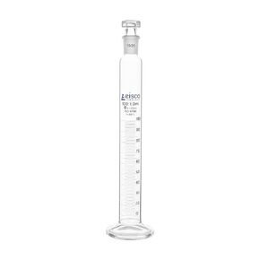 EISCO Graduated Cylinder, 100mL - Class B - 19/26 Polypropylene Stopper - Round Base, Blue Graduations - Borosilicate Glass