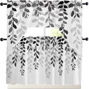 Grey Leaves Kitchen Curtains Swag Valance and Tier Curtains Set 24 Inch Length, Rustic Vintage Farmhouse Aesthetic Plant Rod Pocket Drape Panels Pair Swag Curtains for Bathroom/Cafe/Window