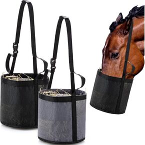 2 Pcs Horse Feed Bags for Grain Horse Feed Bucket with Adjustable Strap and Waterproof Bottom for Horse Feeding, Black, Blue