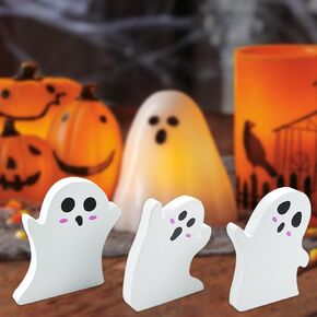 3 PCS Cute Ghost Halloween Table Decor, Wooden Tiered Tray Decor Halloween Decorations Indoor Signs for Party Home Kitchen Bedroom Shelf Display
