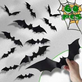 3D Bats Halloween Decoration, 60PCS 4 Sizes Realistic PVC Scary Bats Window Decal Wall Stickers for DIY Home Indoor Hallowmas Decor Party Supplies