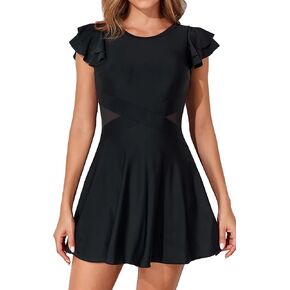 Smismivo Swim Dress for Women Tummy Control One Piece Swimsuit with Skirt Modest Bathing Suit Ruffle Sleeve Swimwear
