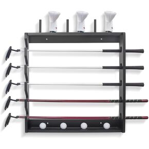 Golf Club Holder Rack - Indoor Wooden 5 Golfs Putter Storage Wall Mount Stand, Golf Gifts for Men Organizer for Sticks Clubs/Putter/Golf Balls/Head Covers, Black Morden Display Style, 25" Length Slot