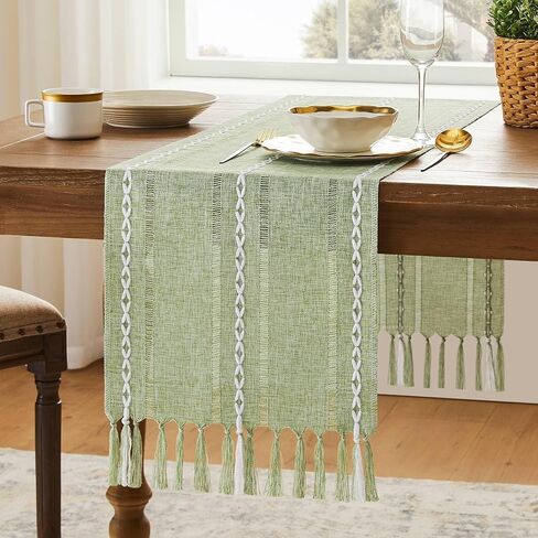 Hemstitched Farmhouse Table Runner, Sage Green 13x72 Inch, Cotton Linen Table Runners 72 Inches Long, Embroidered Striped Sage Green Boho Table Runner Rustic Home Decor in Saudi Arabia