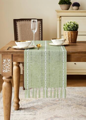 Hemstitched Farmhouse Table Runner, Sage Green 13x72 Inch, Cotton Linen Table Runners 72 Inches Long, Embroidered Striped Sage Green Boho Table Runner Rustic Home Decor in Saudi Arabia