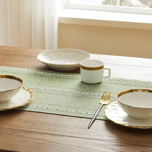Hemstitched Farmhouse Table Runner, Sage Green 13x72 Inch, Cotton Linen Table Runners 72 Inches Long, Embroidered Striped Sage Green Boho Table Runner Rustic Home Decor in Saudi Arabia