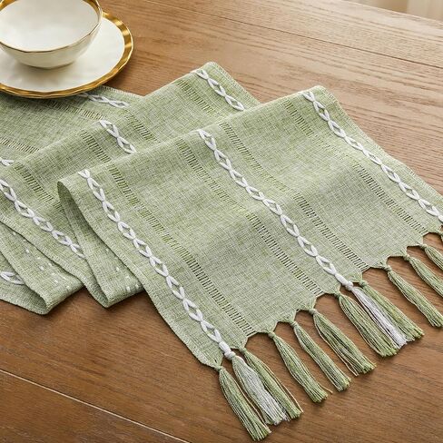 Hemstitched Farmhouse Table Runner, Sage Green 13x72 Inch, Cotton Linen Table Runners 72 Inches Long, Embroidered Striped Sage Green Boho Table Runner Rustic Home Decor in Saudi Arabia