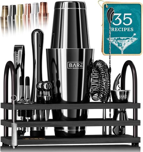 BARE BARREL® Mixology Bartender Kit Bar Set | 14-Piece Cocktail Shaker Set | Martini Barware Mixing Tools for Home Bartending | 35 Recipe Cards | Gift Set (28oz Boston Shaker, Jet Black/Black) in Saudi Arabia