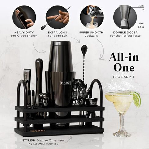 BARE BARREL® Mixology Bartender Kit Bar Set | 14-Piece Cocktail Shaker Set | Martini Barware Mixing Tools for Home Bartending | 35 Recipe Cards | Gift Set (28oz Boston Shaker, Jet Black/Black) in Saudi Arabia