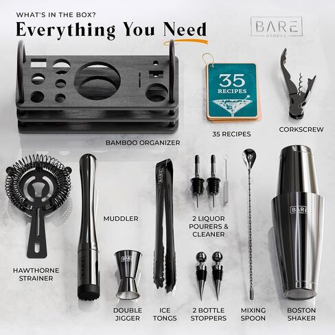 BARE BARREL® Mixology Bartender Kit Bar Set | 14-Piece Cocktail Shaker Set | Martini Barware Mixing Tools for Home Bartending | 35 Recipe Cards | Gift Set (28oz Boston Shaker, Jet Black/Black) in Saudi Arabia