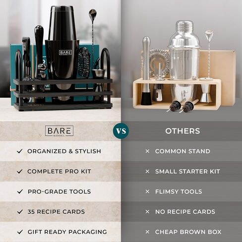 BARE BARREL® Mixology Bartender Kit Bar Set | 14-Piece Cocktail Shaker Set | Martini Barware Mixing Tools for Home Bartending | 35 Recipe Cards | Gift Set (28oz Boston Shaker, Jet Black/Black) in Saudi Arabia