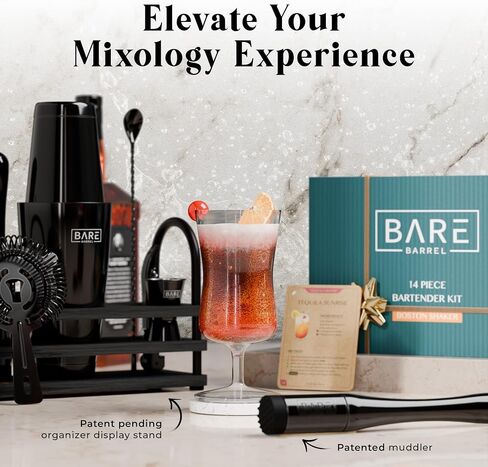 BARE BARREL® Mixology Bartender Kit Bar Set | 14-Piece Cocktail Shaker Set | Martini Barware Mixing Tools for Home Bartending | 35 Recipe Cards | Gift Set (28oz Boston Shaker, Jet Black/Black) in Saudi Arabia