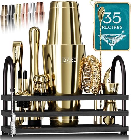 BARE BARREL® Mixology Bartender Kit Bar Set | 14-Piece Cocktail Shaker Set | Martini Barware Mixing Tools for Home Bartending | 35 Recipe Cards | Gift Set (28oz Boston Shaker, Jet Black/Black) in Saudi Arabia