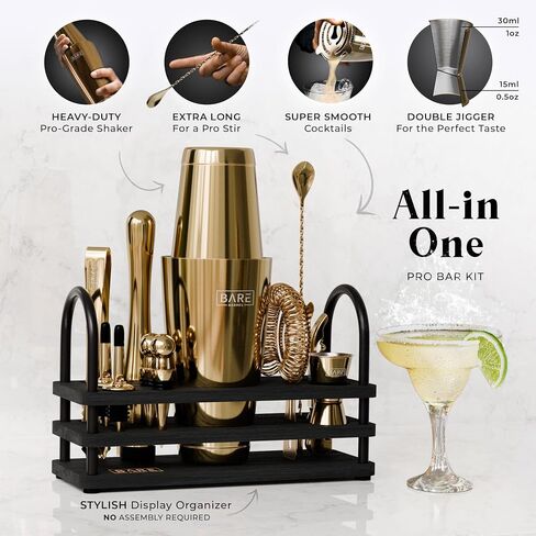 BARE BARREL® Mixology Bartender Kit Bar Set | 14-Piece Cocktail Shaker Set | Martini Barware Mixing Tools for Home Bartending | 35 Recipe Cards | Gift Set (28oz Boston Shaker, Jet Black/Black) in Saudi Arabia