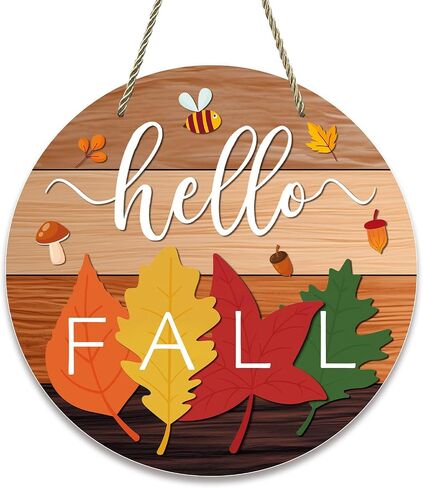 Hello Fall Door Sign 11.8" Autumn Maple Leaves Welcome Fall Wreath Hanging Sign for Home Rustic Door Hanger Farmhouse Fall Sign Harvest Thanksgiving Front Door Decor Porch Indoor Outdoor Decor in Saudi Arabia