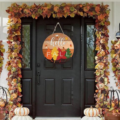 Hello Fall Door Sign 11.8" Autumn Maple Leaves Welcome Fall Wreath Hanging Sign for Home Rustic Door Hanger Farmhouse Fall Sign Harvest Thanksgiving Front Door Decor Porch Indoor Outdoor Decor in Saudi Arabia