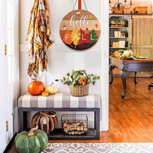 Hello Fall Door Sign 11.8" Autumn Maple Leaves Welcome Fall Wreath Hanging Sign for Home Rustic Door Hanger Farmhouse Fall Sign Harvest Thanksgiving Front Door Decor Porch Indoor Outdoor Decor in Saudi Arabia