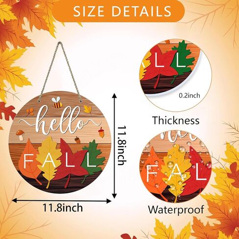 Hello Fall Door Sign 11.8" Autumn Maple Leaves Welcome Fall Wreath Hanging Sign for Home Rustic Door Hanger Farmhouse Fall Sign Harvest Thanksgiving Front Door Decor Porch Indoor Outdoor Decor in Saudi Arabia