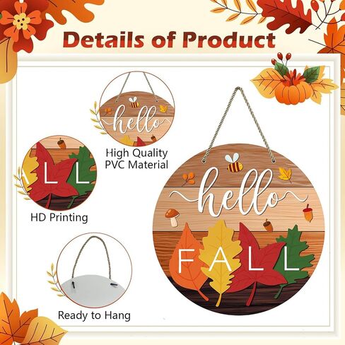Hello Fall Door Sign 11.8" Autumn Maple Leaves Welcome Fall Wreath Hanging Sign for Home Rustic Door Hanger Farmhouse Fall Sign Harvest Thanksgiving Front Door Decor Porch Indoor Outdoor Decor in Saudi Arabia