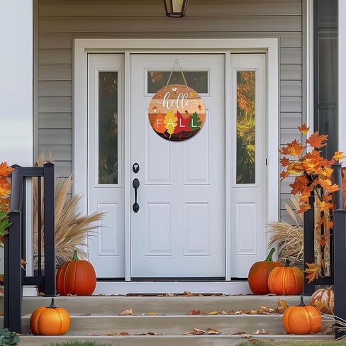 Hello Fall Door Sign 11.8" Autumn Maple Leaves Welcome Fall Wreath Hanging Sign for Home Rustic Door Hanger Farmhouse Fall Sign Harvest Thanksgiving Front Door Decor Porch Indoor Outdoor Decor in Saudi Arabia