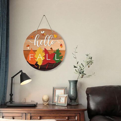 Hello Fall Door Sign 11.8" Autumn Maple Leaves Welcome Fall Wreath Hanging Sign for Home Rustic Door Hanger Farmhouse Fall Sign Harvest Thanksgiving Front Door Decor Porch Indoor Outdoor Decor in Saudi Arabia