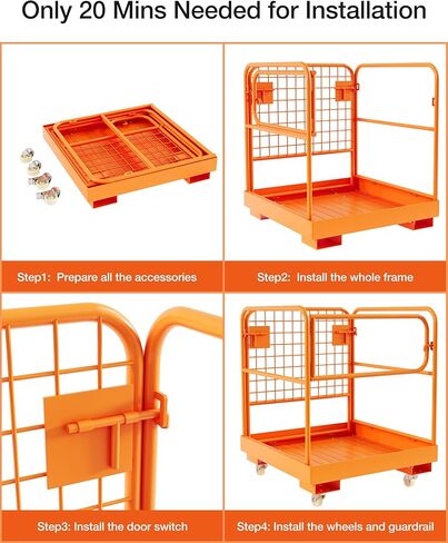 منصة عمل قفص أمان للرافعة الشوكية مقاس 36 × 36 بوصة، ملحقات سلة رافعة شوكية مع 4 عجلات عالمية، سعة 1200 رطل لشخصين أو شخصين، مع حاجز حماية وقفل أمان in Kuwait