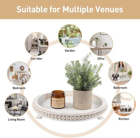 Wooden Decorative Tray, White Round Serving Tray is Suitable as Plant Tray, Rustic Wedding Decoration Tray,Beaded Decorative Tray in Saudi Arabia