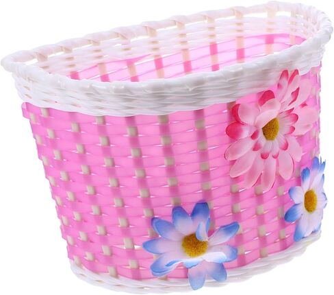 سلة POPETPOP Flower Girl - سلة دراجة مع 3 زهور ديكور، سلة دراجة وردية أمامية مع شريطين قابلين للتعديل، سلة دراجة بلاستيكية، سلة منسوجة يدويًا للدراجة، سلة دراجة أطفال قابلة للفصل in Kuwait