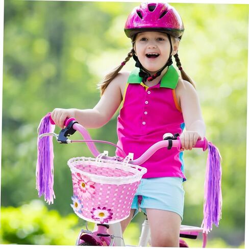 سلة POPETPOP Flower Girl - سلة دراجة مع 3 زهور ديكور، سلة دراجة وردية أمامية مع شريطين قابلين للتعديل، سلة دراجة بلاستيكية، سلة منسوجة يدويًا للدراجة، سلة دراجة أطفال قابلة للفصل in Kuwait